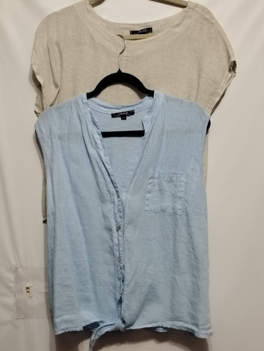 CHARLLiE B Casual L Light Blue Linen Button-Front Shirt - & Tan M ClassicComfort